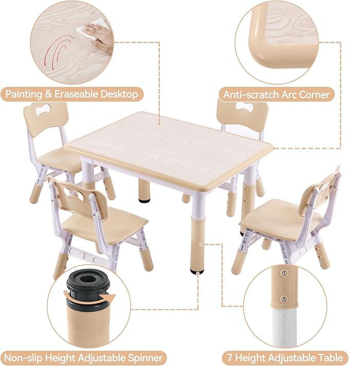 Height-Adjustable Kids Table and 4 Chairs Set, Toddler Table and Chair Set with Graffiti Desktop, 31.5''L x 23.6''W Children Activity Table for Daycare, Classroom, Home
