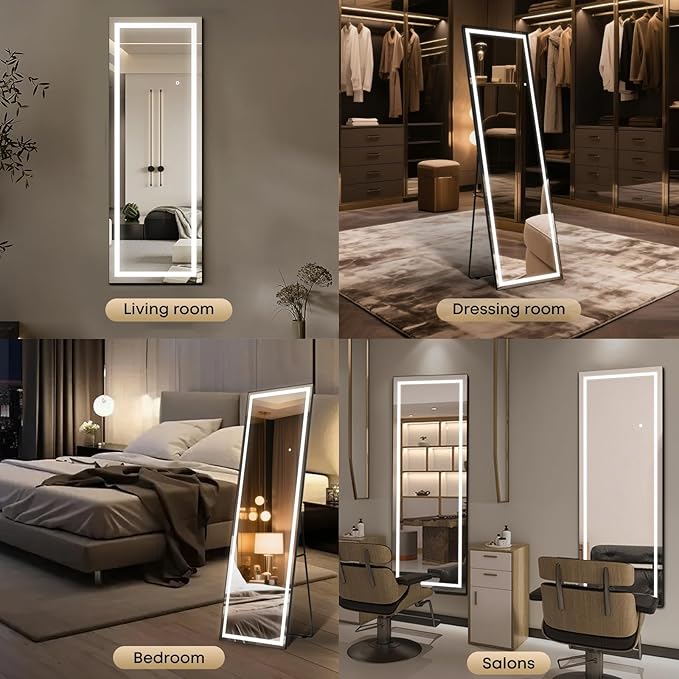 64" x 22" Full Length Tempered Glass LED Floor Mirror - Big Wall/Standing Mirror with Lights, Dimmable Touch Screen & Adjustable Color (White/Warm Light), Full Body Mirror for Bedroom, Dressing Room