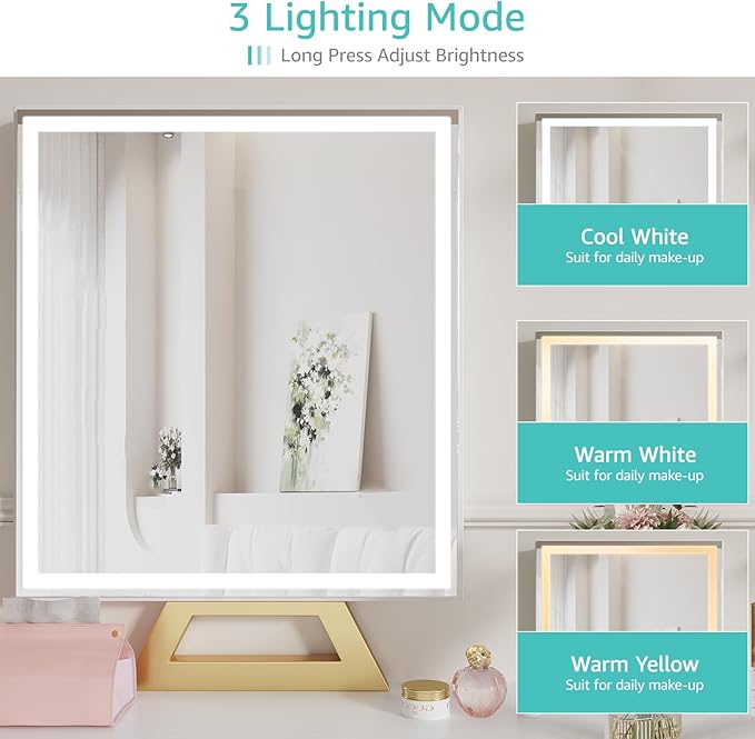 Small Makeup Vanity Desk with Lights, 31 inch Girls Vanity Set with Mirror and Chair, Make Up Dresser Table with Drawers and Power Outlet for Bedroom Small Space, White and Gold