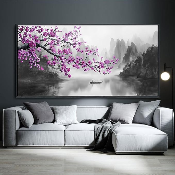Large Purple Wall Art Decor for Living Room Bedroom Framed Black and White Landscape Full Moon Purple Flower Painting Canvas Picture Plum Blossom Artwork for Home Office 24x48IN