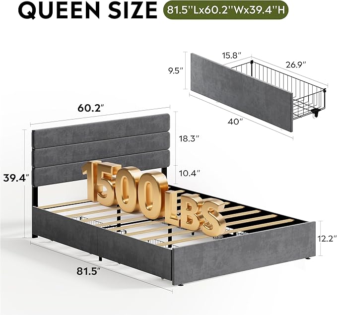 WLIVE Queen Size Upholstered Bed Frame with 4 Drawers and Velvet Square Tufted Headboard, Sturdy Metal & Wooden Slats Support, No Box Spring Needed, Easy Assembly, Dark Grey