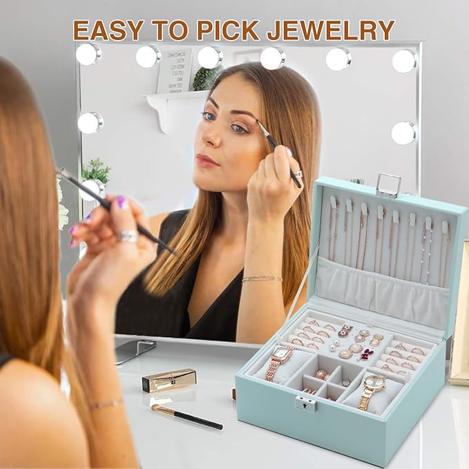 Jewelry Organizer Box for Women,Large Genuine Leather Jewelry Organizers and Storage with Earring Holder Organizer Removable Velvet Jewelry Tray,Christmas Gifts for Mom,Green