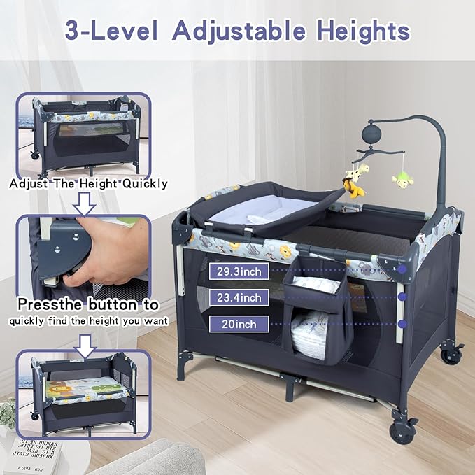 5-in-1 Baby Bassinet Bedside Crib, Pack and Play Long Next to Parents Bed Crib with Toys & Music Box, Mattress, Foldable Playard, Playpen Travel Bed Nursery Center for Girl Boy Infant Newborn