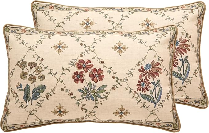 patdrea Designer Throw Pillow Covers Set of 2,Rectangle Vintage Light Brown Linen with Floral Pattern Pillow Cover,Decorative Lumbar Pillowcases Cushion for Bed Living Room Outdoor Car,12"x20"