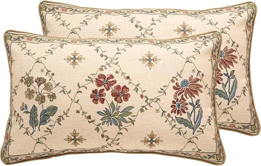 patdrea Designer Throw Pillow Covers Set of 2,Rectangle Vintage Light Brown Linen with Floral Pattern Pillow Cover,Decorative Lumbar Pillowcases Cushion for Bed Living Room Outdoor Car,12"x20"