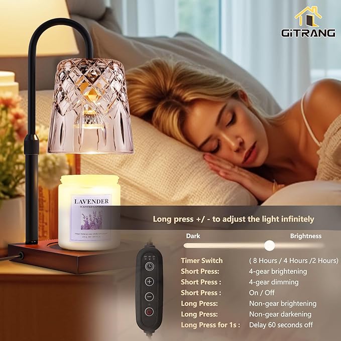 Candle Warming Lamp with Timer Dimmer, Adjustable Height Electric Wax Melt Warmer for Jar Candles with 3 Bulbs, Mother's Day Women's Home Decor Gift, Square Base with Black Pole