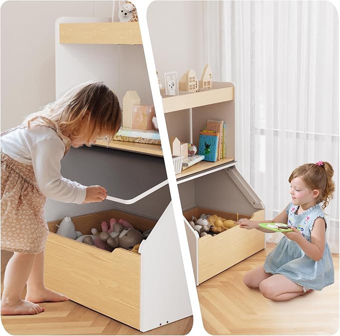 KORIMEFA 37.4" Tall Toy Box & Chalkboard Lid Wood Toddler Bookcase and Kid Toy Storage Bin & Organizer, White