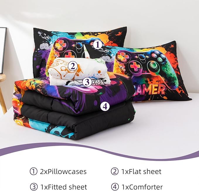 NTBED Game Console Comforter Set for Boys Girls Kids Tie Dye GamingLightweight Microfiber Gamer Bedding Sets (Multi, Full 5Pcs)