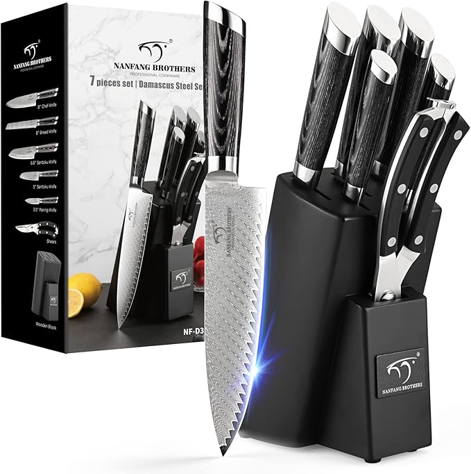 NANFANG BROTHERS Knife Set, 7-Piece Damascus Kitchen Knife Set with Block, ABS Ergonomic Handle for Chef Knife Set, Kitchen Shears, Knife Block Set