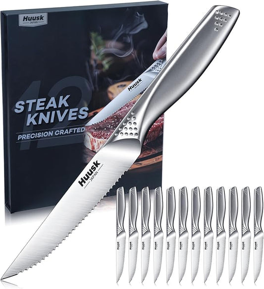 Huusk Serrated Steak Knives Set, 4.5" Japanese Stainless Steel Steak Knives Set of 12, Sharp Dishwasher Safe Dinner Knife for Kitchen Table, Gifts for Men