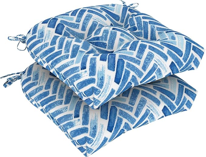 Set of 2 Outdoor Tufted Chair Cushions 19"x19"x4", Water Repellent Patio Seat Cushions with Ties, Replacement Chair Pads for Wicker Dining and Patio Furniture - Blue Bricks