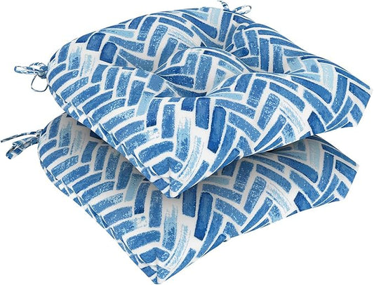 Set of 2 Outdoor Tufted Chair Cushions 19"x19"x4", Water Repellent Patio Seat Cushions with Ties, Replacement Chair Pads for Wicker Dining and Patio Furniture - Blue Bricks