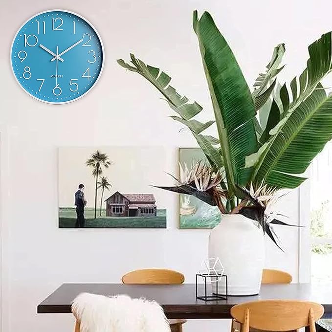 Lake Blue Vintage Style Non-Ticking Wall Clock, Battery Operated Quartz Analog Silent Movement, Large Decorative 12 Inch Clock with Arabic Numerals