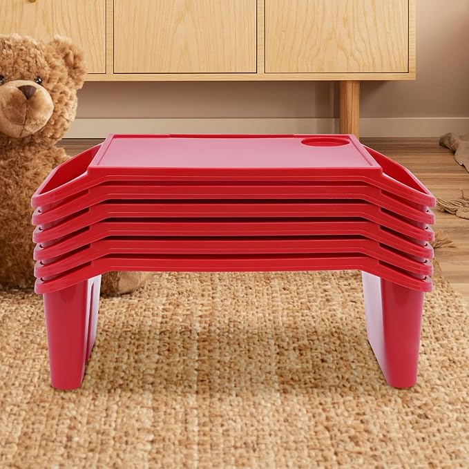 6 Pcs Kids Lap Desk Tray, Plastic Breakfast Lap Desk Trays with Side Pockets and Slot, Portable Lap Table Snack Tray for Eating, Writing, Drawing, Game, 19.69" L x 9.84" W x 7.1" H (Red*6)