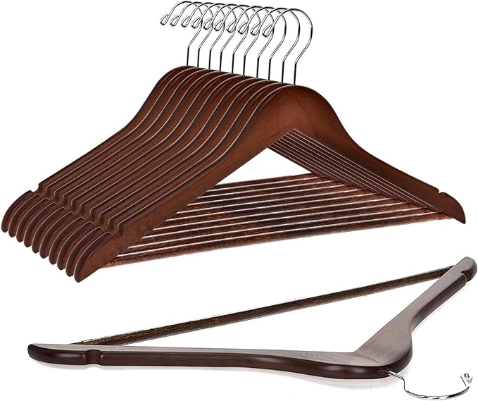 Quality Wooden Hangers - Slightly Curved Hanger 10 Pack Sets - Solid Wood Coat Hangers with Stylish Chrome Hooks - Heavy-Duty Clothes, Jacket, Shirt, Pants, Suit Hangers (Walnut/Retro, 10)