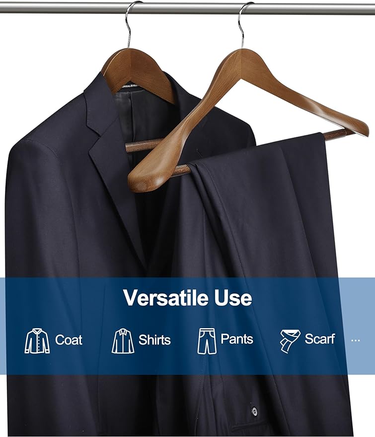 HOUSE DAY Wood Suit Hangers for Men, Smooth Wide Shoulder Wooden Hanger with Non Slip Pant Holder, Wide Hangers for Suits, Coats, Jackets, Heavy Wide Clothes Hanger 2 Pack, Walnut