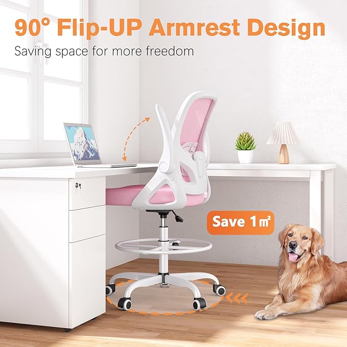 Tall Drafting Chair with Lumbar Support and Footrest Ring, Supportive Tall Extended Height Ergonomic Desk Chair for Home Work, Breathable Mesh Office Chair with Flip up Arms(Pink)