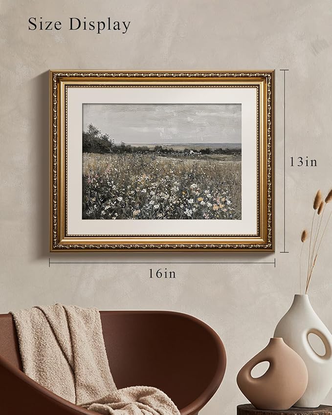 VIYYIEA Gold Framed Wall Art Canvas Print Home Decor Landscape Room Decor Art Meadow with Flowers Vintage Wall Art Decor Modern Farmhouse Decor Cottagecore Prints Bedroom Bathroom Office 13x16in