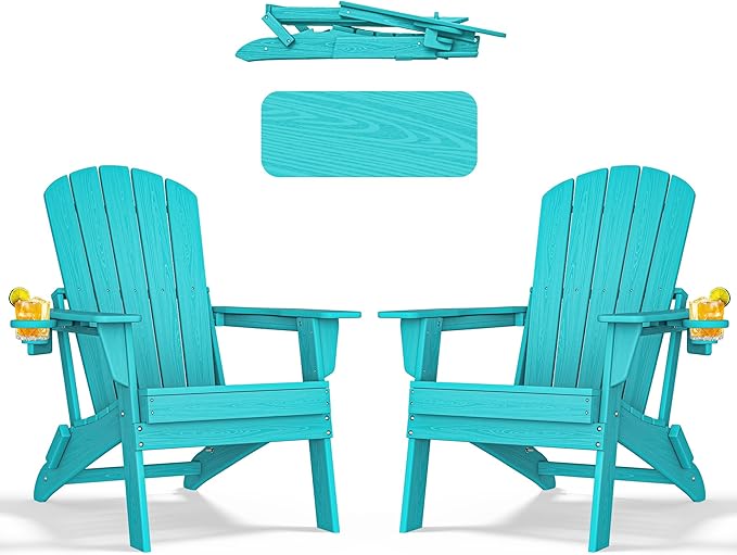 nevilywood Folding Adirondack Chair - Extended Ergonomic Backrest, Cup Holder - Easy Assembly - Durable HDPE Plastic, Weather Resistant & Maintenance-Free - Lawn, Patio, Deck Supports 380lbs Aruba