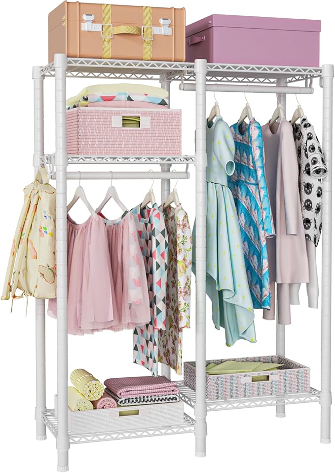 Ulif F1 Garment Rack for Kids, Baby, Students, and Children's Room, 4 Tiers Freestanding and Portable Heavy Duty Closets, Small Metal Clothes Rack with 2 Hanging Rod, 31.2" W x 11.8" D x 48" H, White