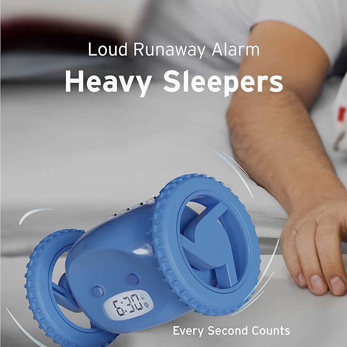 CLOCKY Extra Loud Alarm Clock for Heavy Sleepers on Wheels Rolls Runaway Vibrating Easy To Set Super Smart Snooze Digital Bed Shaker Alarm Clock Funny Gift for Adults Kids Teens Bedrooms (Blue Wheels)