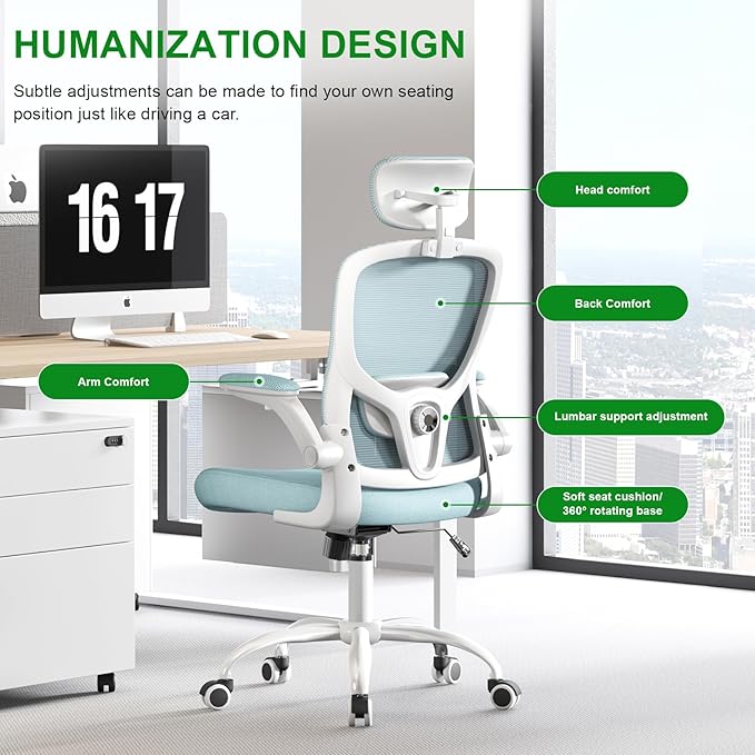 Multi-Adjustable Ergonomic Office Chair, Study Chair, Summer Mesh Comfortable High Back Chair, Headrest, Lumbar Support, Armrest, Seat Height.(White-Blue)