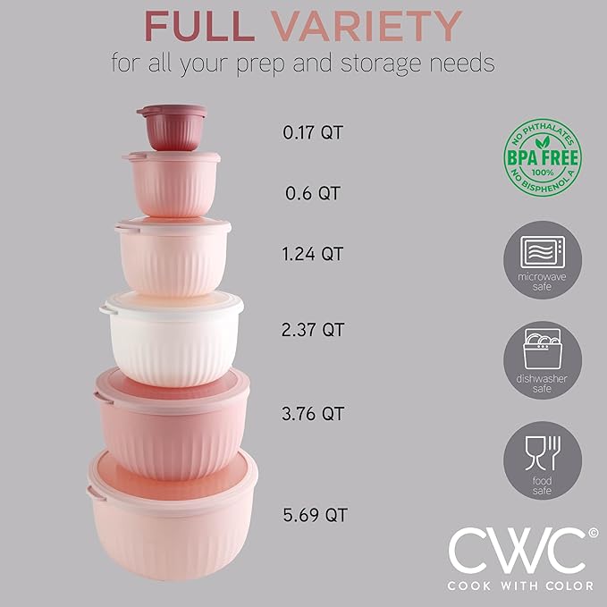 COOK WITH COLOR Prep Bowls with Lids- Wide and Deep Nesting Plastic Small Mixing Bowl Set with Lids, 12 Piece Set - Deep Bowls, Pink