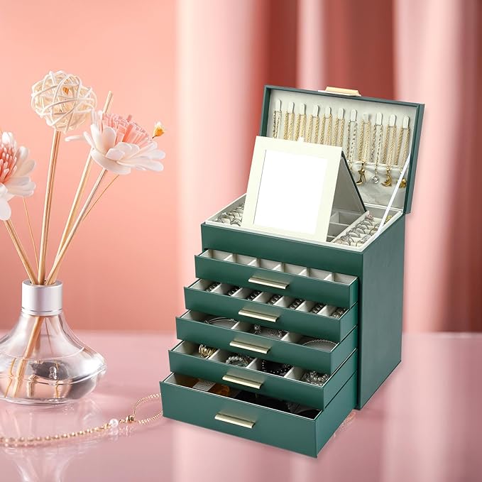 BOOVO Jewelry Box with Necklace Hanger – 6 layer Jewelry Organizer for Women with 5 Drawers, Large Jewelry Storage Boxes –Jewelry Organizers and Storage for Earrings, Necklaces (Green, 6 layer)