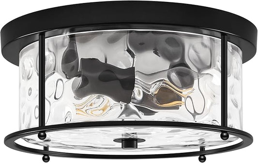 LamQee Flush Mount Ceiling Light with Clear Hammered Glass, Industrial 2-Lights Farmhouse Close to Ceiling Light Fixtures Round Low Profile Lights for Kitchen Hallway Foyer Entrance Bedroom Black