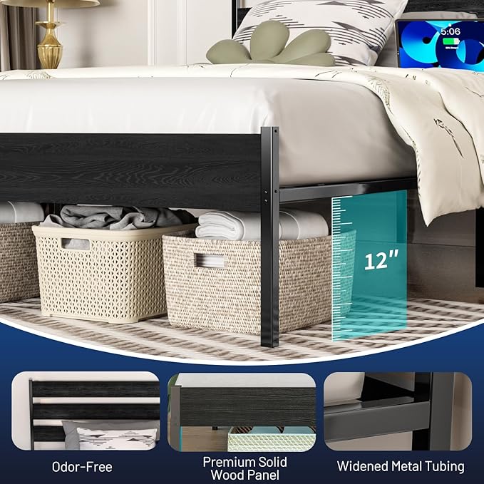 Full Size Bed Frame with Headboard,Heavy Duty LED Bed Frame with USB Charging Station,Mattress Foundation-Under Bed Storage, No Box Spring Needed, Noise Free，Black