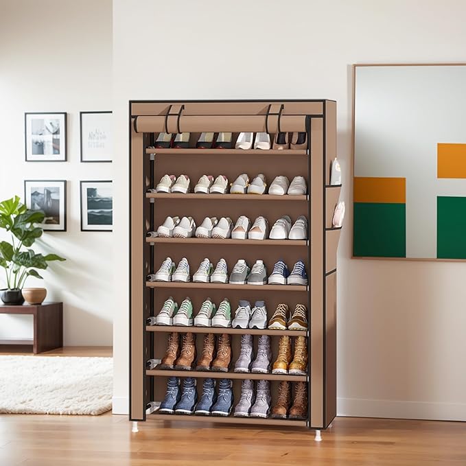 Laiensia 7-Tier Vertical Shoe Rack Organizer, Space Saving Shoe Storage Organizer, Non-Woven Cover Shoe Shelf Holds 28-35 Pairs for Bedroom, Hallway, Closet Entryway, Brown