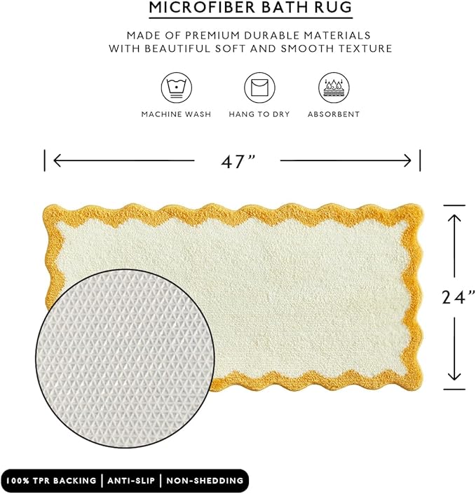 MONDAY MOOSE Bath Mat with Scalloped Wavy Ripple Design, Microfiber Absorbent Non Slip Tufted Rug for Floor, Shower or Kitchen (24x47 inch, Yellow)