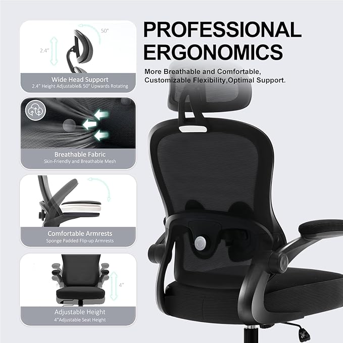 Ergonomic Office Chair,Ultra Thick Office Desk Chair with Adjustable Lumbar Support and Headrest,Spring Cushion,Rocking Function,Flip-up arms,Mesh Computer Chair for Home Office,Black