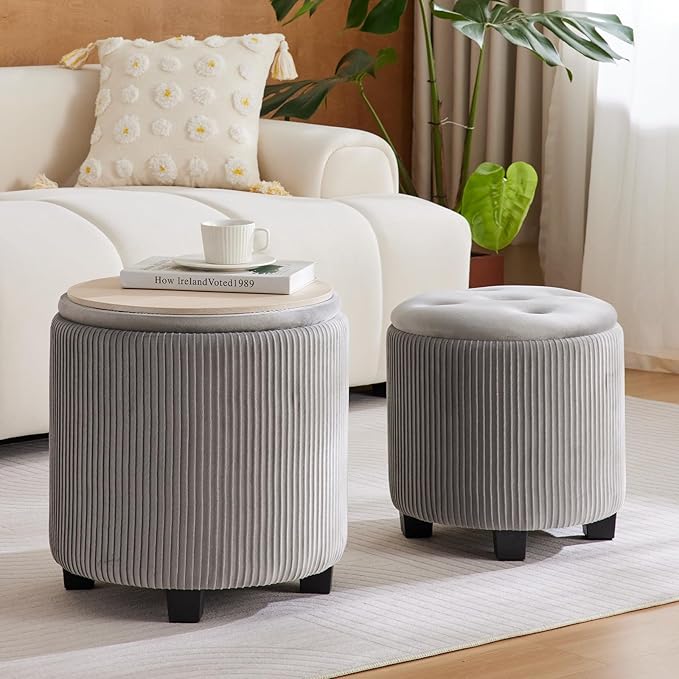 Big Round Ottoman with Storage Set of 2,Upholstered Velvet Vanity Stool for MakeupMultifunctional Foot Rest Coffee Table Padded Seat Tufted Ottomans for LivingRoom&Bedroom(Grey)