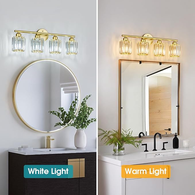 Modern 4 Light Crystal Vanity Light, Gold Vertical Bathroom Light Fixture Over Mirror for Dressing Table Sink, Compatible with Dimmable Bulbs (Bulbs Not Included)