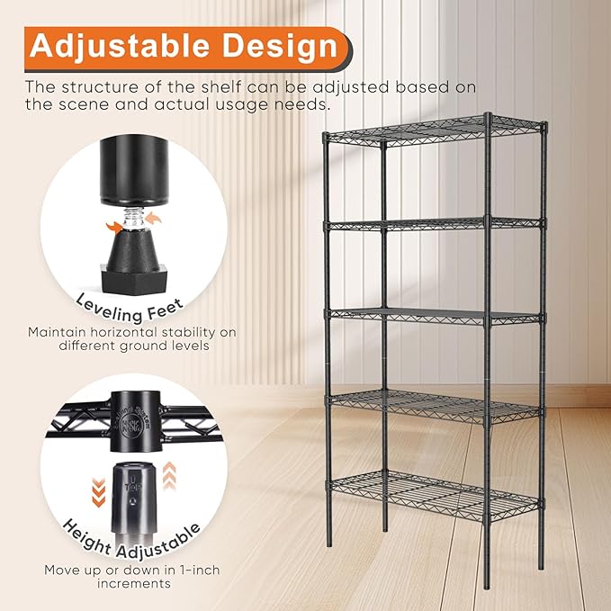 Sweetcrispy 5-Shelf Storage Shelving Unit, Adjustable Metal Wire Racks Heavy Duty Standing Shelf Organizer for Kitchen, Closet, Pantry, Garage, Bathroom, Laundry (13.8" D x 35.4" W x 69.3" H)