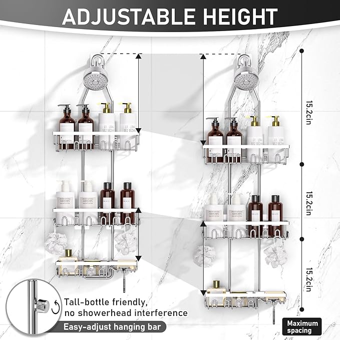 Shower Caddy,Rustproof Shower Shelves Over Shower Head,Triple Adjustable Storage,Silver