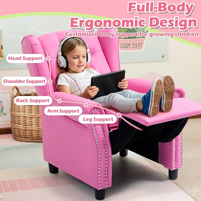 AVAWING Kids Wingback Recliner Chair with Studded Tufted Backrest & Nailhead Trim, PU Leather Kids Chair with Adjustable Backrest and Footrest, for Bedroom or Nursery, Pink