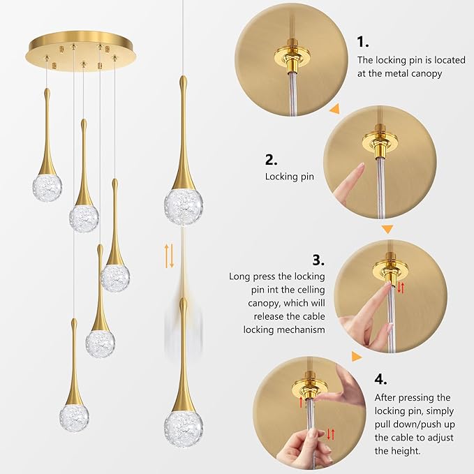 cenzoz 5-Lights Modern Pendant Lights for Kitchen Island LED Dimmable Chandelier Crystal Glam Ceiling Pendant Lighting for Dining Room Hallway Bedroom Lamp Antique Gold