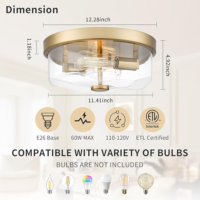 Gold Flush Mount Ceiling Light, 2-Light Hallway Light Fixtures, Modern Farmhouse Farmhouse Ceiling Light Clear Glass Brushed Gold Finish for Kitchen Porch Entryway