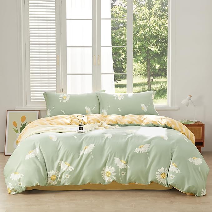 SAPHREAS White Daisy Floral King Size Duvet Cover Set 3pcs Green Bedding Comforter Cover Set 100% Cotton 1 Duvet Cover 104"x90" 2 Pillow Shams, Comforter Not Included
