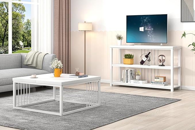 FOLUBAN White Coffee Table, Modern Rustic Wood and Metal Center Table, Industrial Simple Cocktail Tea Table for Living Room, 31.5 Inch