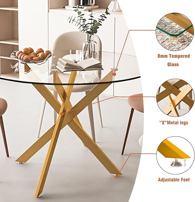 Round Glass Dining Table,Glass Dining Room Table with Tempered Glass Tabletop and Metal Legs, Modern Style Round Kitchen Table for Home, Kitchen, Dining Room