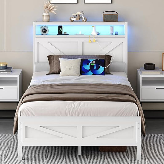 Twin Bed Frame with Charging Station and LED Lights, Twin Size Metal Platform Bed Frame with Storage and Rustic Barn Door Headboard, Heavy Duty Steel Slats Support, No Box Spring Needed, White