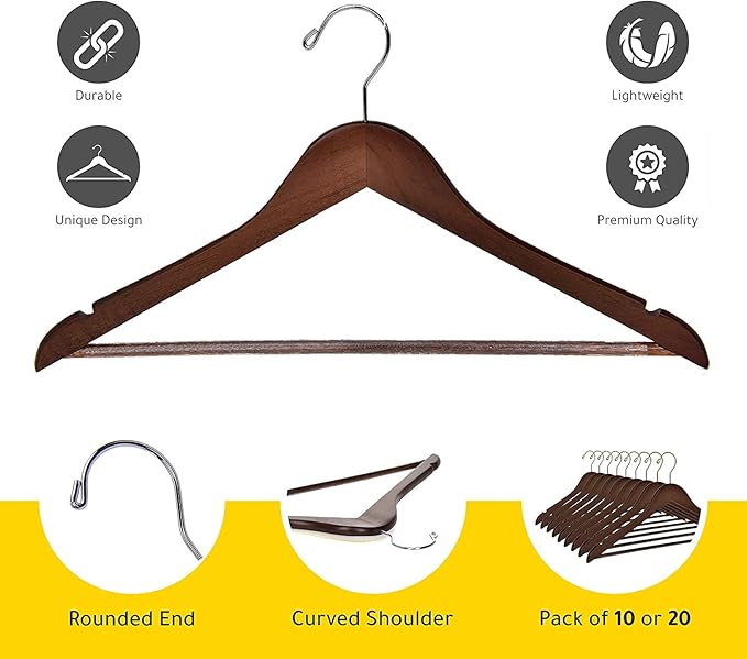 Quality Wooden Hangers - Slightly Curved Hanger 30-Pack Sets - Solid Wood Coat Hangers with Stylish Chrome Hooks - Heavy-Duty Clothes, Jacket, Shirt, Pants, Suit Hangers (Walnut - Chrome Hook, 30)