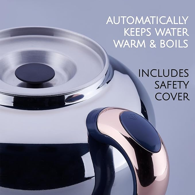 Korkmaz Hanedan A843-04 Stainless Steel Samovar, Upper Pot 1.3 L (43.9 Oz), Bottom Pot 3.5 L(118.3 Oz) Electric Turkish Tea Maker Set, Double Pots Tea Machine, Inox, Rosegold, 110 V US Plug, 5.1-Quart