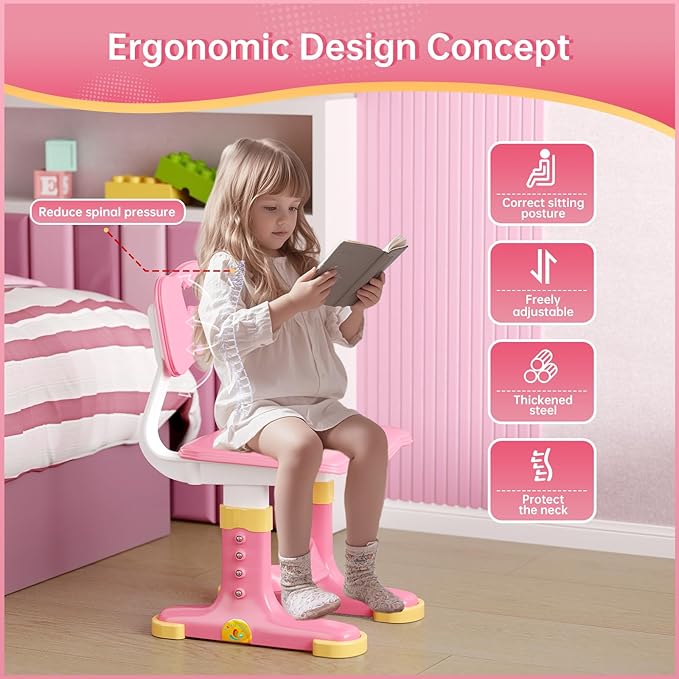 Kids Desk and Chair Set, Height Adjustable Child's School Study Writing Tables, Kids Desk with Bookstand and Storage Drawer, Widened Desktop with Desktop for Boys and Girls
