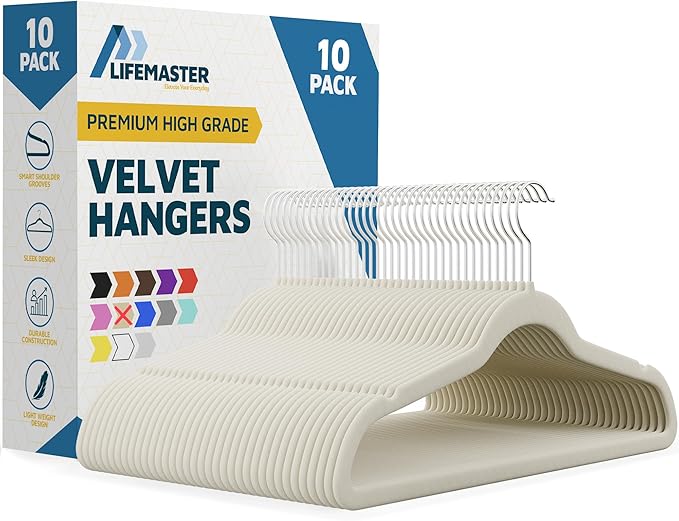 Velvet Clothes Hangers – With 360 Degree Swivel Hook and Non-Slip Shoulder Notch, Holds Up To 10 lbs, Heavy Duty Hanger Set, For Organizing Suit, Dress, Coat, and Clothes, Pack of 10, Ivory