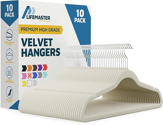 Velvet Clothes Hangers – With 360 Degree Swivel Hook and Non-Slip Shoulder Notch, Holds Up To 10 lbs, Heavy Duty Hanger Set, For Organizing Suit, Dress, Coat, and Clothes, Pack of 10, Ivory