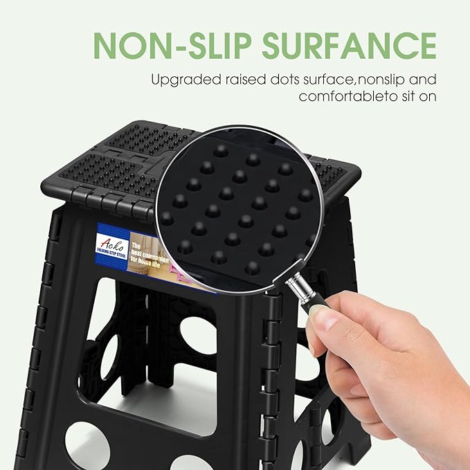 ACKO Folding Step Stool Foldable 16 Inch Stools for Adults and Kids, Plastic Stools Tall 400 lbs Capacity, Collapsible Stool for Kitchen Stepping Foot Stool with Handle, Dot Black,1 PC